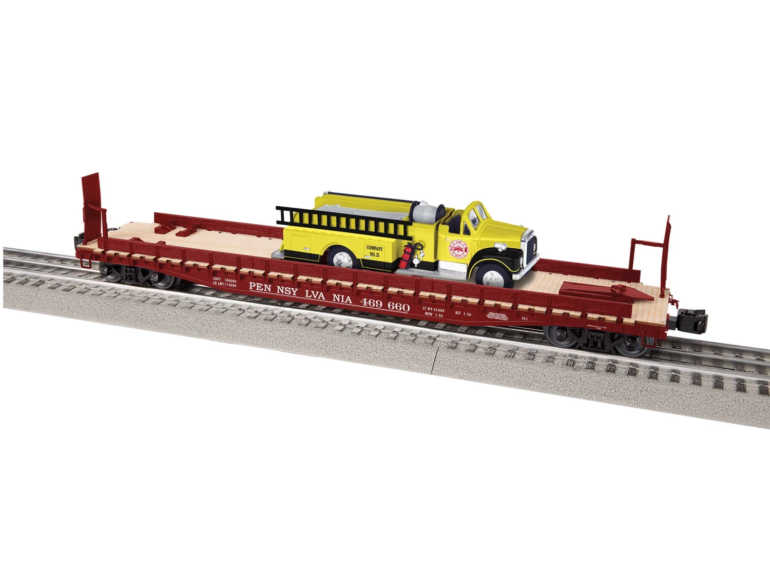 Pennsylvania 50' Flatcar W/ Firetruck #469660 3 Pennsylvania 50' Flatcar W/ Firetruck #469660